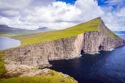 Scenic view of sea and mountains against sky