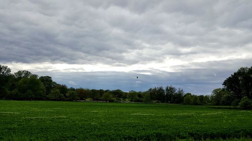 Scenic view of grassy field against cloudy sky