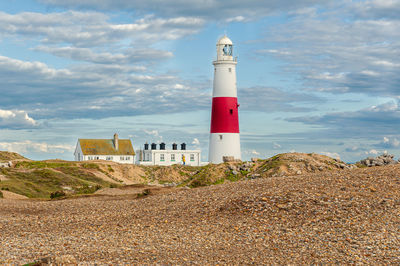 Portland bill lighthouse. isle of portland, uk. a way-mark guiding vessels in english channel.