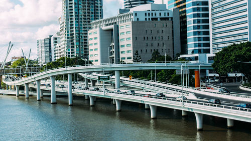 Bridge over river by buildings in city against sky