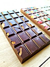 High angle view of chocolate cake on table