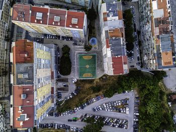 High angle view of street and buildings in city