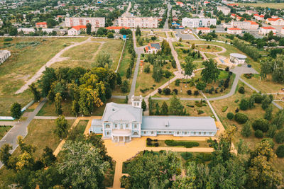 High angle view of buildings in park