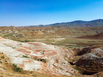 Scenic view of dramatic landscape against clear blue sky