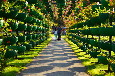 Rear view of people walking on footpath