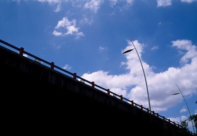 Low angle view of bridge by building against sky