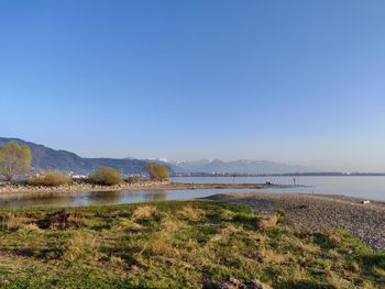 Scenic view of lake against clear blue sky