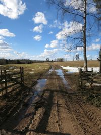 Bare trees on field against sky