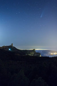 Scenic view of mountain against sky at night