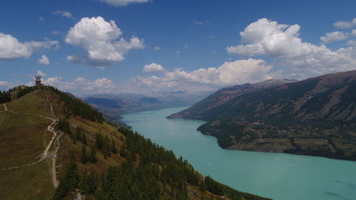 Scenic view of lake and mountains against sky