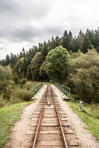 Railway tracks amidst trees against sky