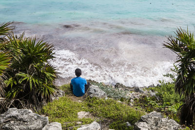 Rear view of a man overlooking calm sea