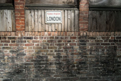 Close-up of text on brick wall