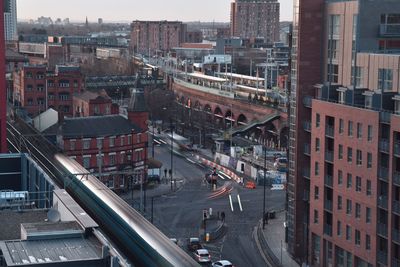 High angle view of street amidst buildings in city