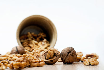 Close-up of bread in container against white background