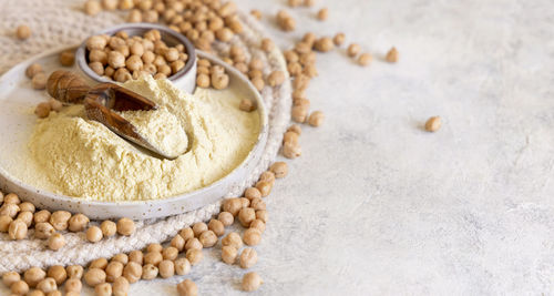 High angle view of bread in bowl on table