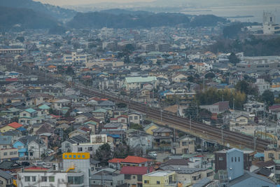 High angle view of cityscape against sky