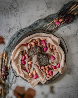 High angle view of candies on a table