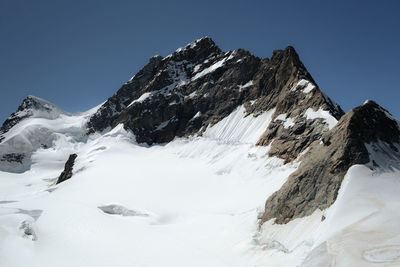 Scenic view of snowcapped mountains against clear blue sky