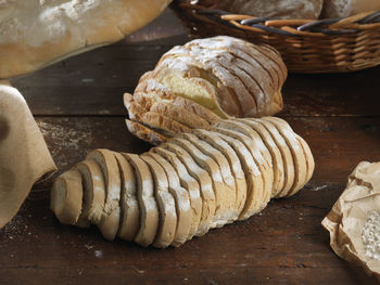 High angle view of bread in basket on table