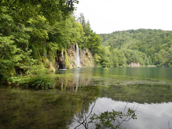 Scenic view of lake by trees against sky
