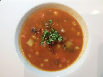 High angle view of soup in bowl on table