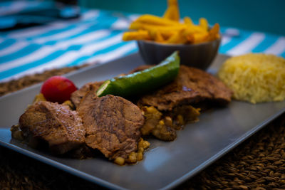 Close-up of meat served in plate on table