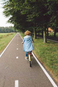 Rear view of woman riding bicycle on road by trees
