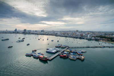 High angle view of ship moored in sea against sky