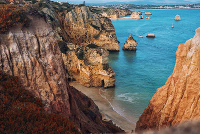 High angle view of rock formation in sea