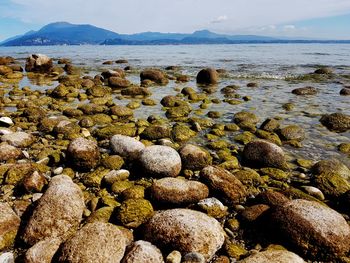 Rocks by sea against sky