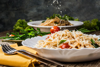 Close-up of food served on table