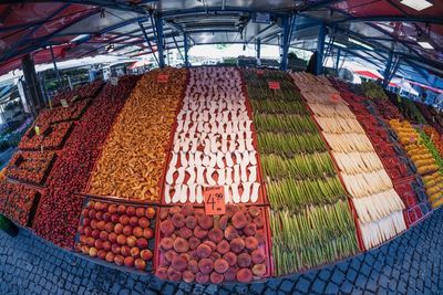 Fish-eye lens view of fruits and vegetables for sale in market