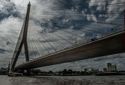 Low angle view of bridge over river against cloudy sky