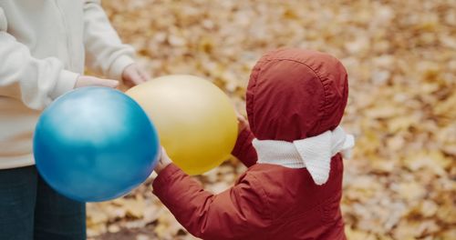 Rear view of boy holding multi colored ball