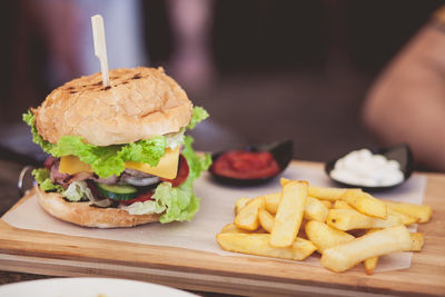 Close-up of burger on table