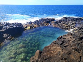 Scenic view of sea against rocks with turquoise water