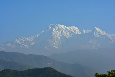 Scenic view of snowcapped mountains against clear sky