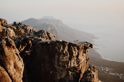 Panoramic view of rocks and sea against sky