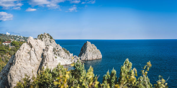 Rock diva. beautiful black sea shore landscape with mountain cliff, crimea, simeiz