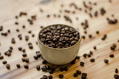 High angle view of coffee beans on table