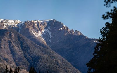 Scenic view of mountains against clear blue sky