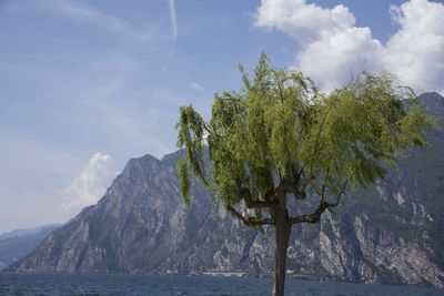 Scenic view of sea and mountains against sky