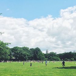 People on grassy field in park