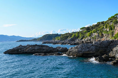 Scenic view of sea against clear blue sky