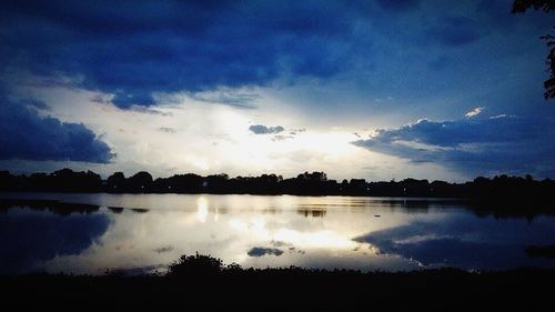 Scenic view of lake against cloudy sky