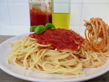 Close-up of noodles in plate on table