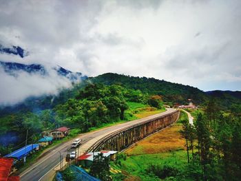 Panoramic view of bridge over road against sky