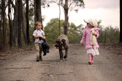 Boy and girl holding toys while walking with dog on footpath