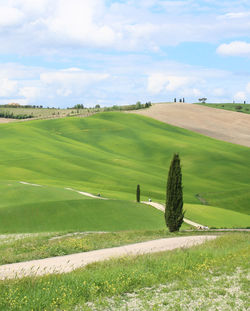 Scenic view of grassy hill against cloudy sky